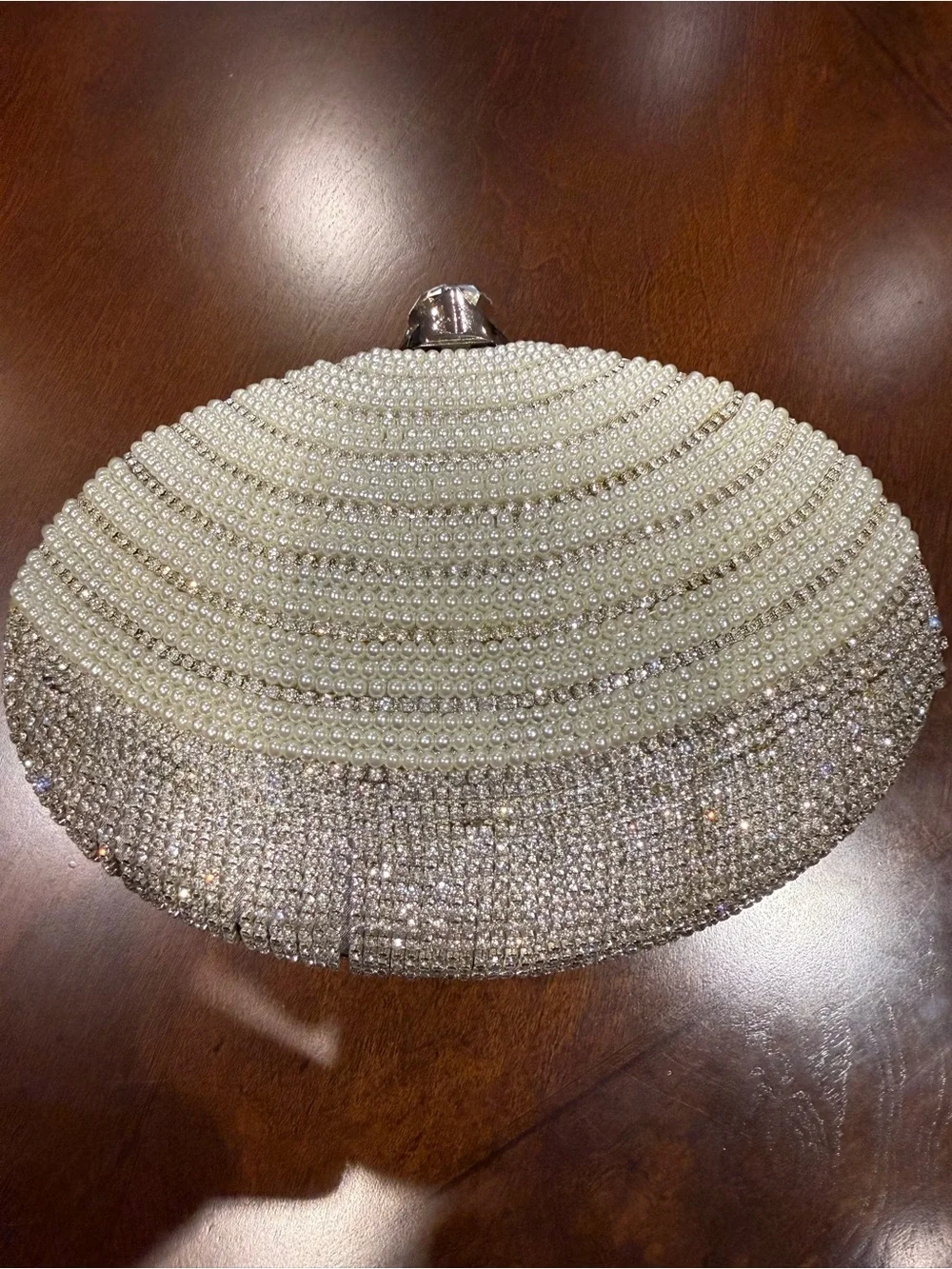 Pearl and Rhinestone Oval Evening Clutch - White